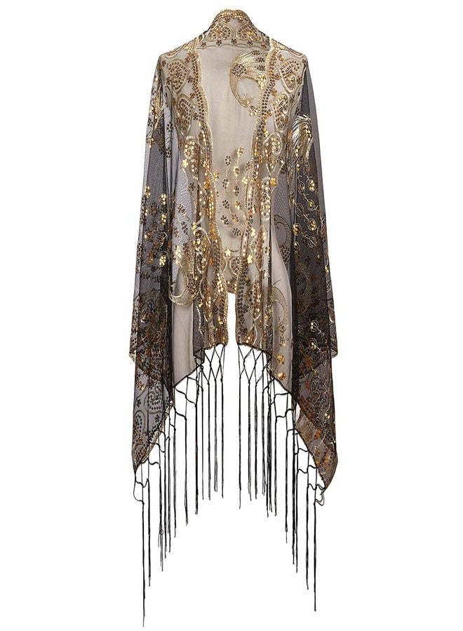 CABODYALS Black Floral Lace Shawl Wraps Sparkly Sequin Fringe Tassel Scarf with Gold Flower Peacock Patterns Vintage 1920S Long Chiffon Pashmina Shawls for Women Evening Dress Formal Wedding Party - Image 1